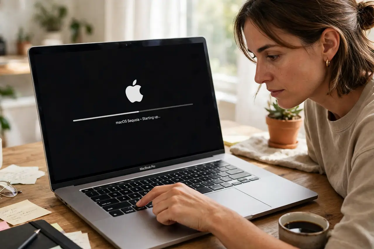 A person holding the Shift key on a real MacBook keyboard during startup, the screen showing the Apple logo with a progress bar legible, the person's face…