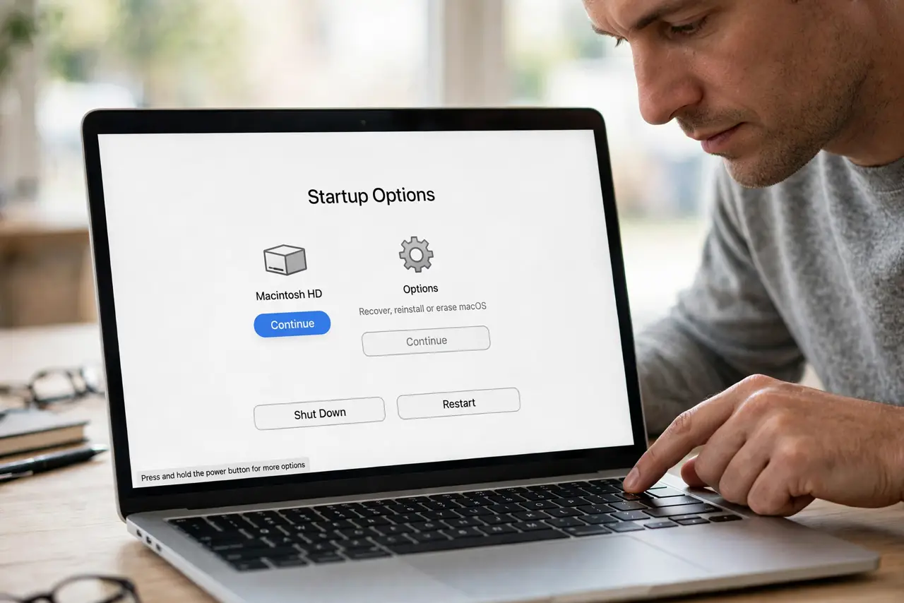 How to Boot Safe Mode on Apple Silicon Macs — a calm adult holding the power button on a MacBook with the startup options screen showing fully legible text,