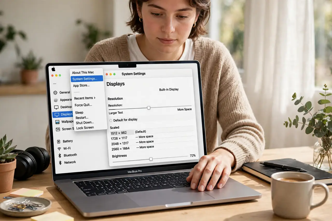 A person performing the first step: Open the Displays settings. Click the Apple menu, choose System Settings, then.