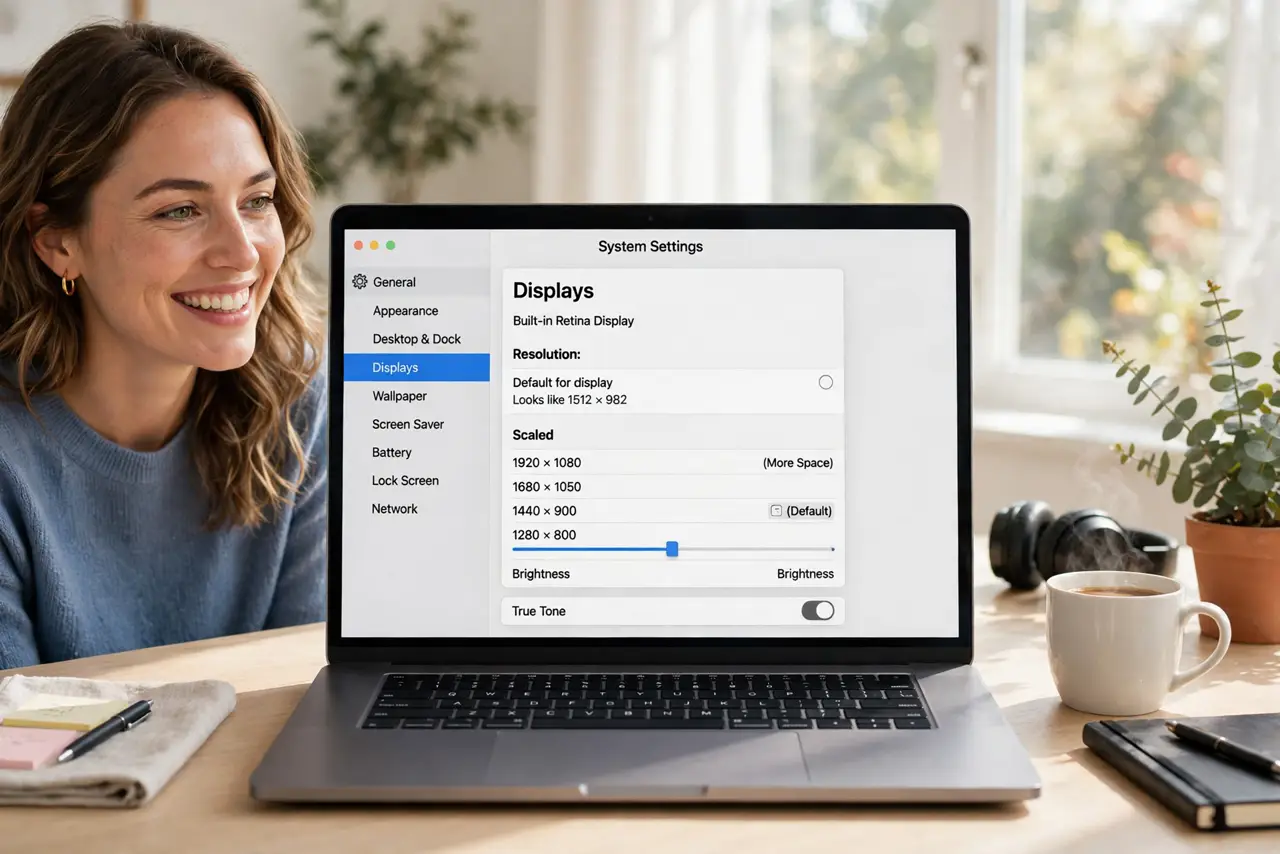 A person looking at a MacBook screen showing a settings window with display resolution options legible, the text on