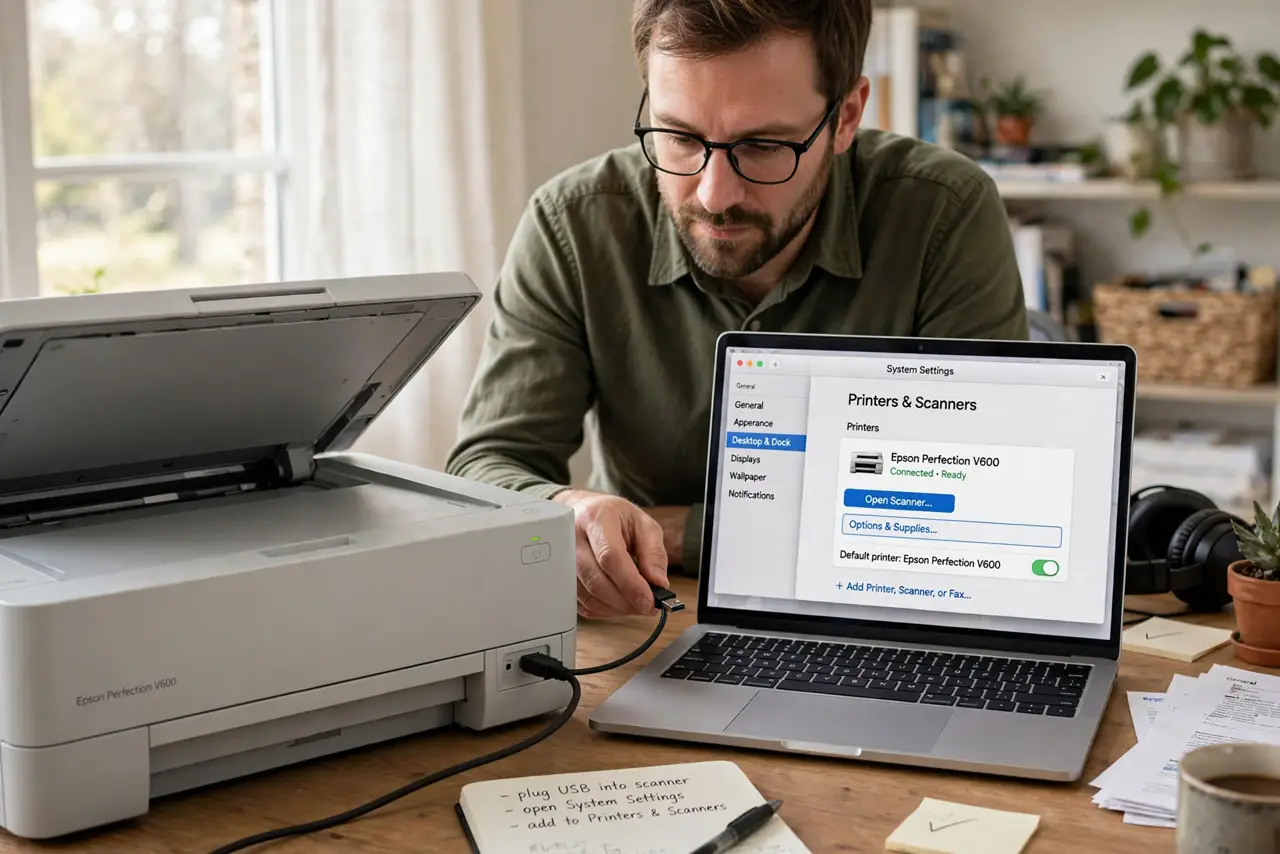 A person performing the first step: Connect the scanner. USB or network — if the Mac prints to it, it can usually scan.