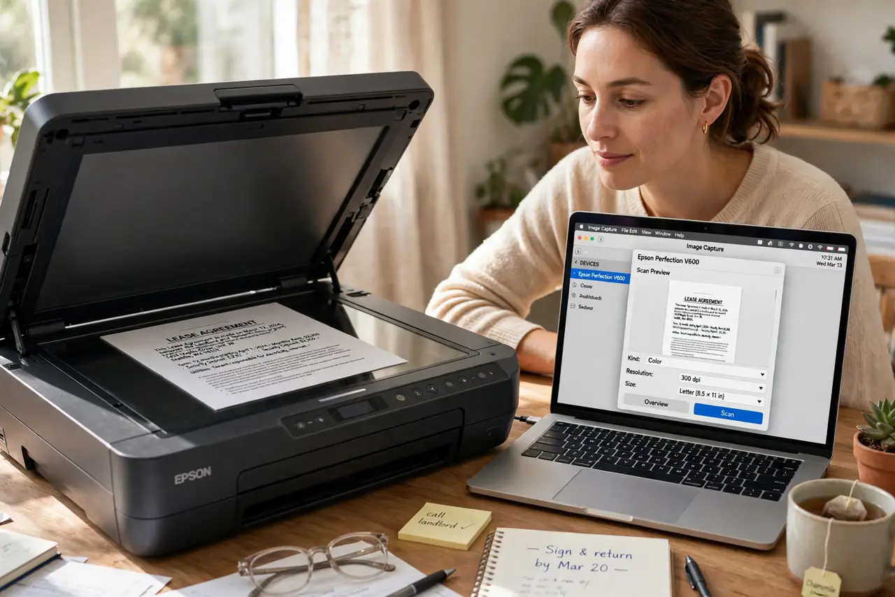 A person scanning a document on a real flatbed scanner connected to a MacBook, the laptop screen showing Image Capture