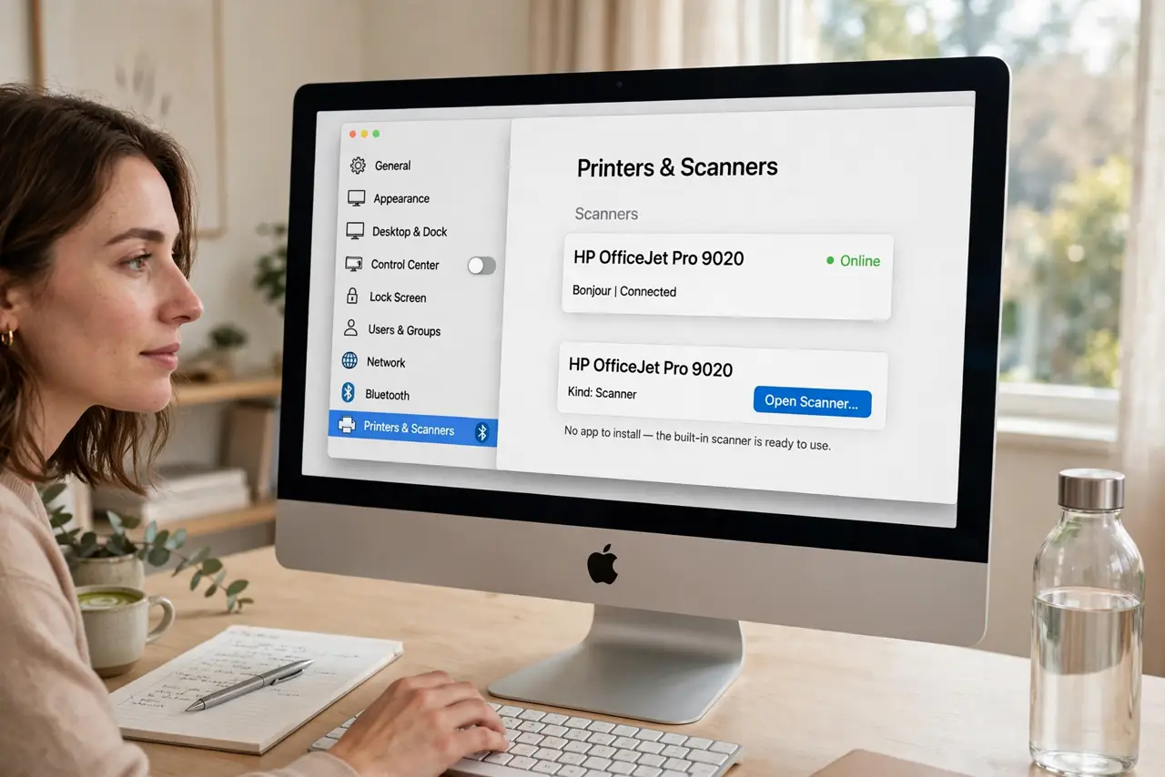 A person performing the first step of the guide: Open the built-in scanner.