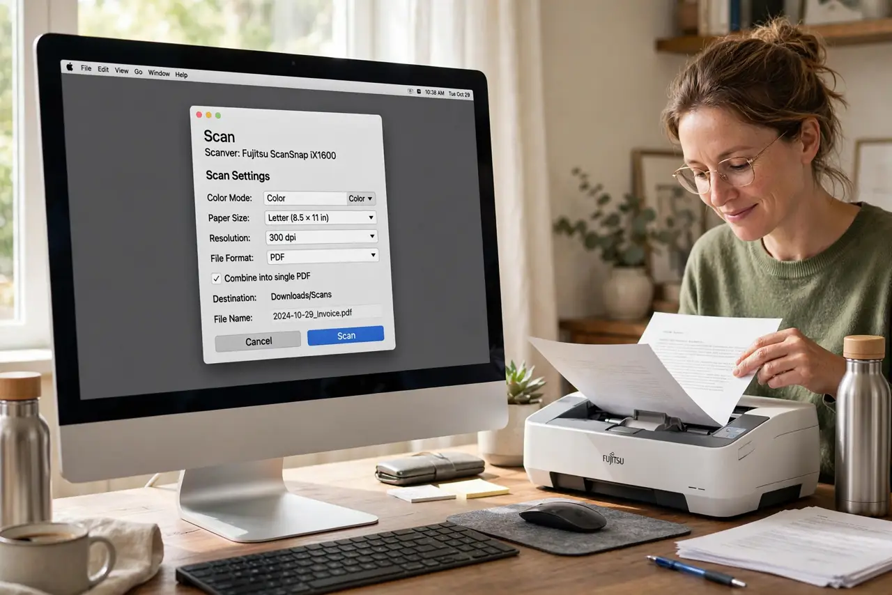 a person at a real desk feeding paper into a real scanner beside a Mac showing the scan dialog with legible PDF options, the person's face relieved, home office.