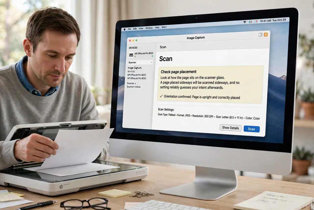Scan to PDF Saves Pages Sideways on Mac — step 1 being performed on the device.