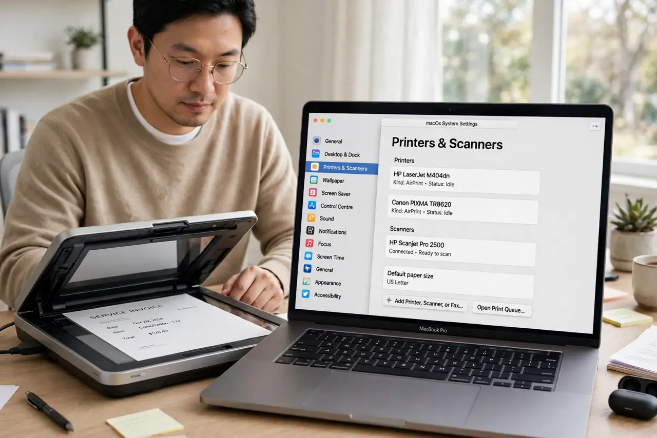 a calm adult scanning a document on a real scanner beside a real Mac laptop, the macOS Printers and Scanners settings screen clearly visible and legible on the real Mac screen.