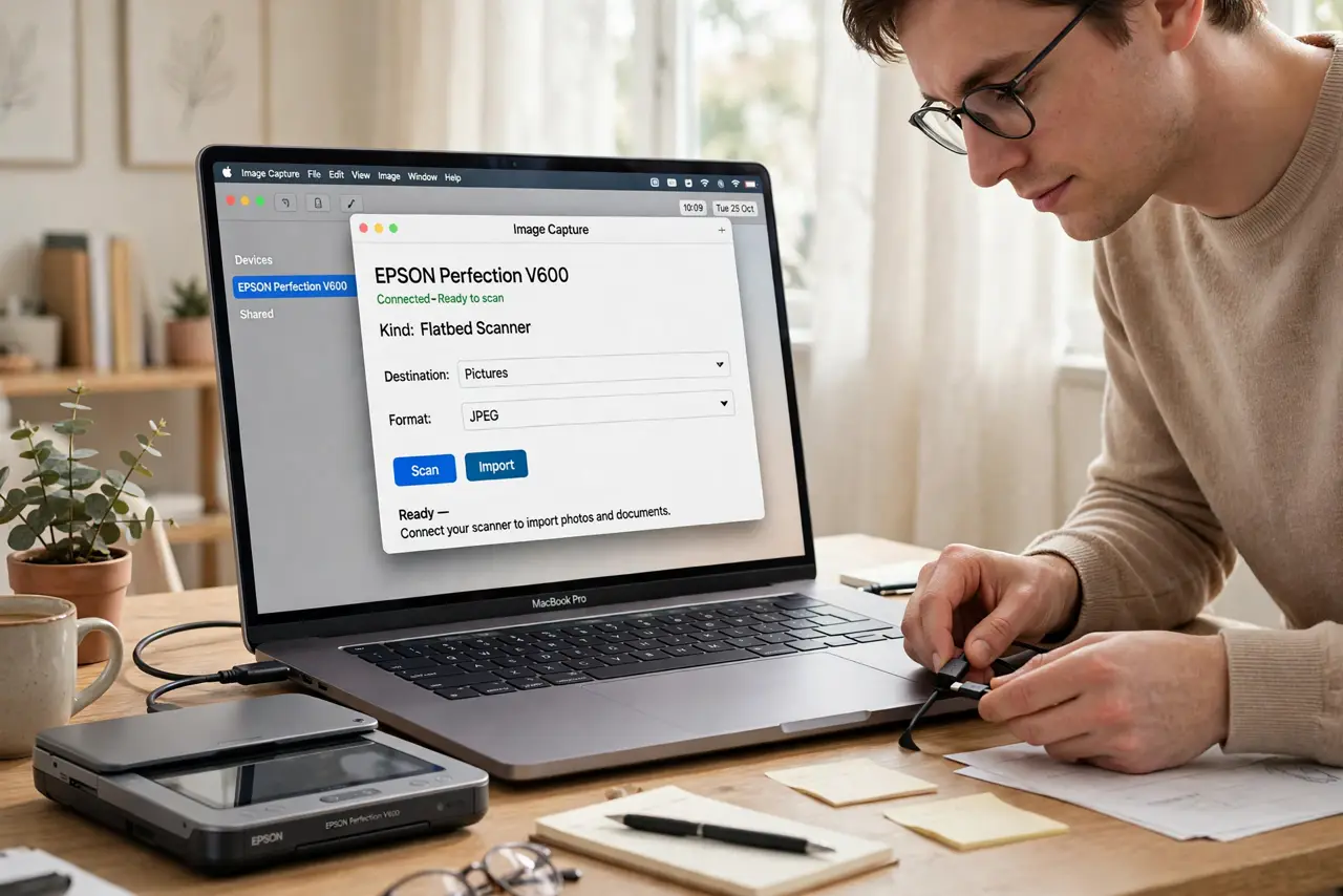 Photoreal photo of a person performing the first step: Connect the scanner. Plug it in via USB or join it to your Wi-Fi network. For network scanne...