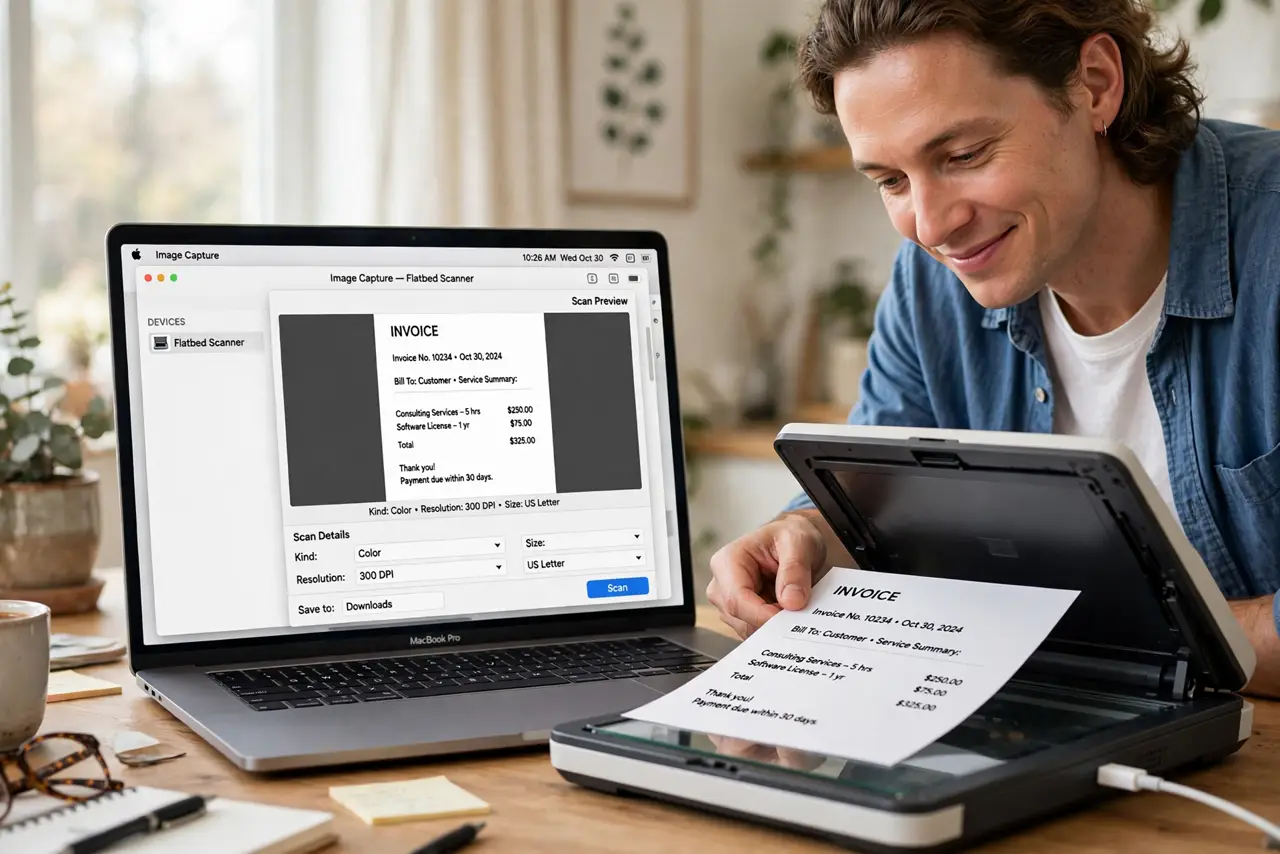 Photoreal photo: a person placing a paper document on a real flatbed scanner connected to a real Mac showing a legible scan preview window, the person's face satisfied, bright home office. No black screen, no blank...