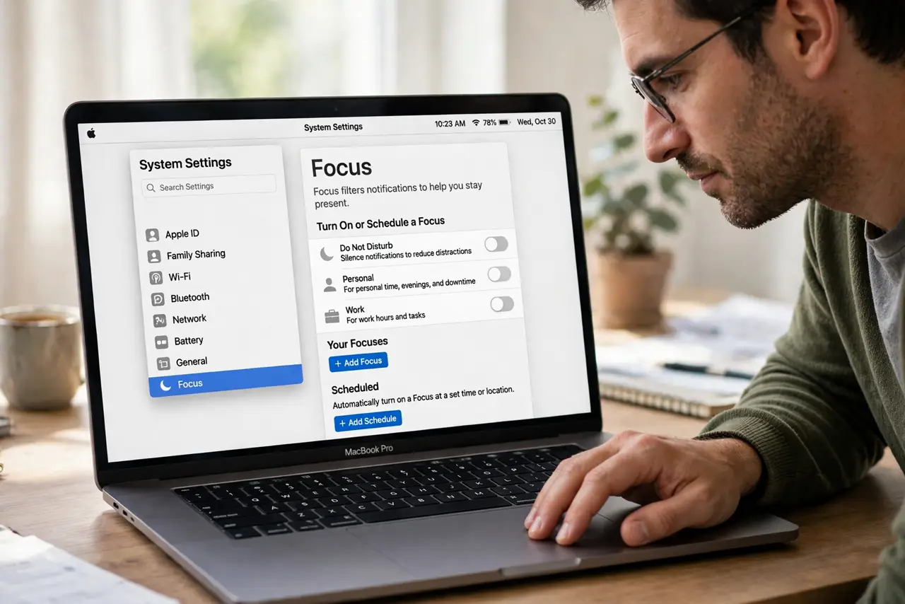 A person carrying out step one: open the focus mode you want to schedule.