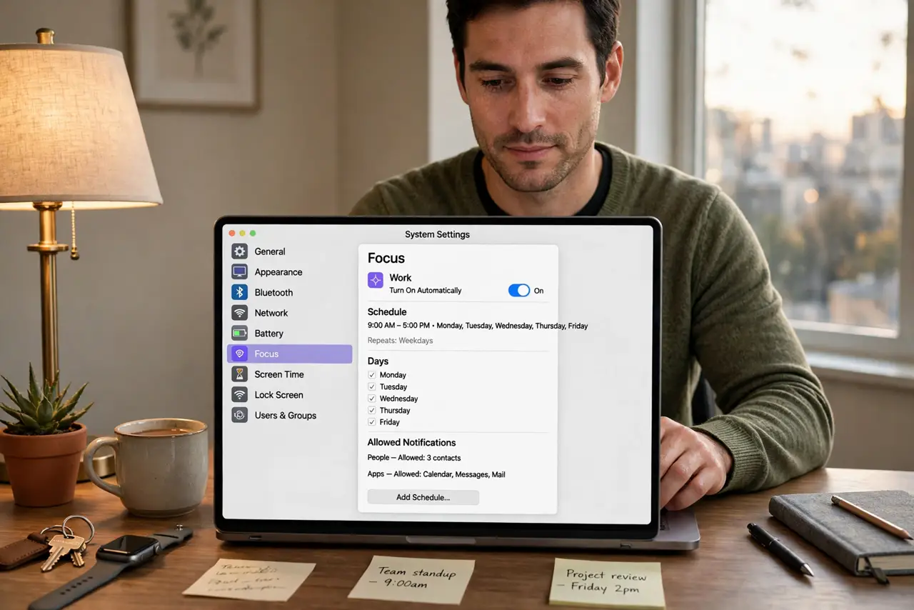 A man setting a schedule on a MacBook showing Focus settings with a time schedule legible on screen, evening lamp light, his face calm and organized.