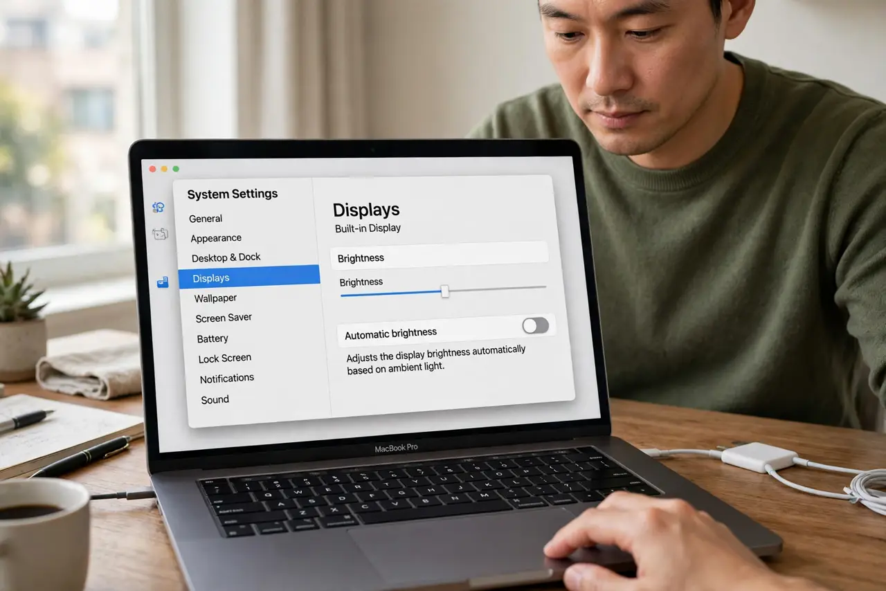 A person performing the first step: Turn off automatic brightness.