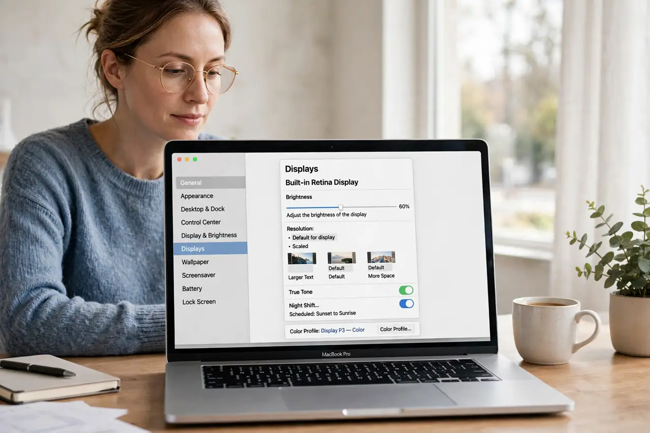 a calm adult at a desk with a real Mac laptop at comfortable brightness, the macOS Displays settings screen clearly visible and legible on the real Mac screen.