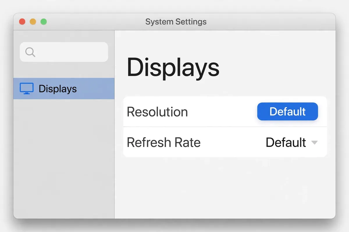 Example recreation of macOS System Settings Displays showing Resolution set to Default and Refresh Rate set to Default.