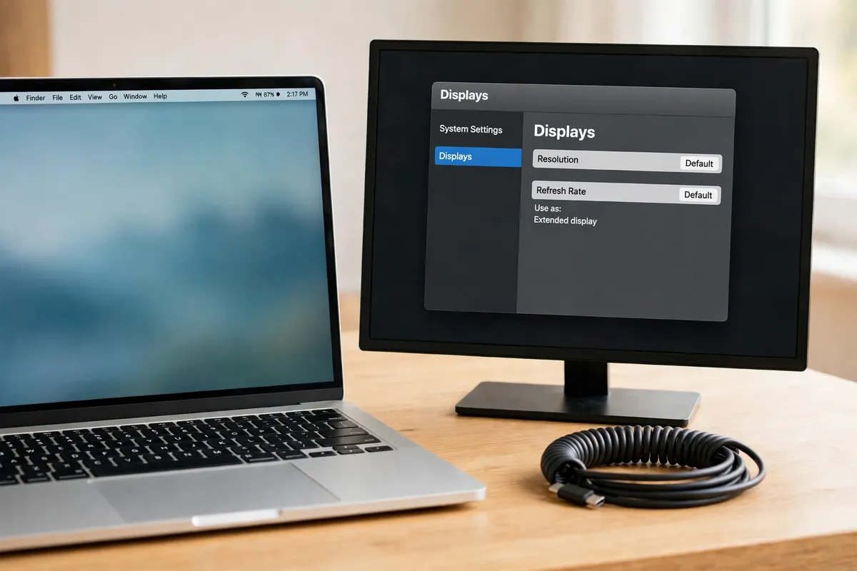 A MacBook beside an external monitor on a bright wooden desk, the monitor showing macOS Displays settings with Resolution and Refresh Rate set to Default, with a coiled display cable nearby.