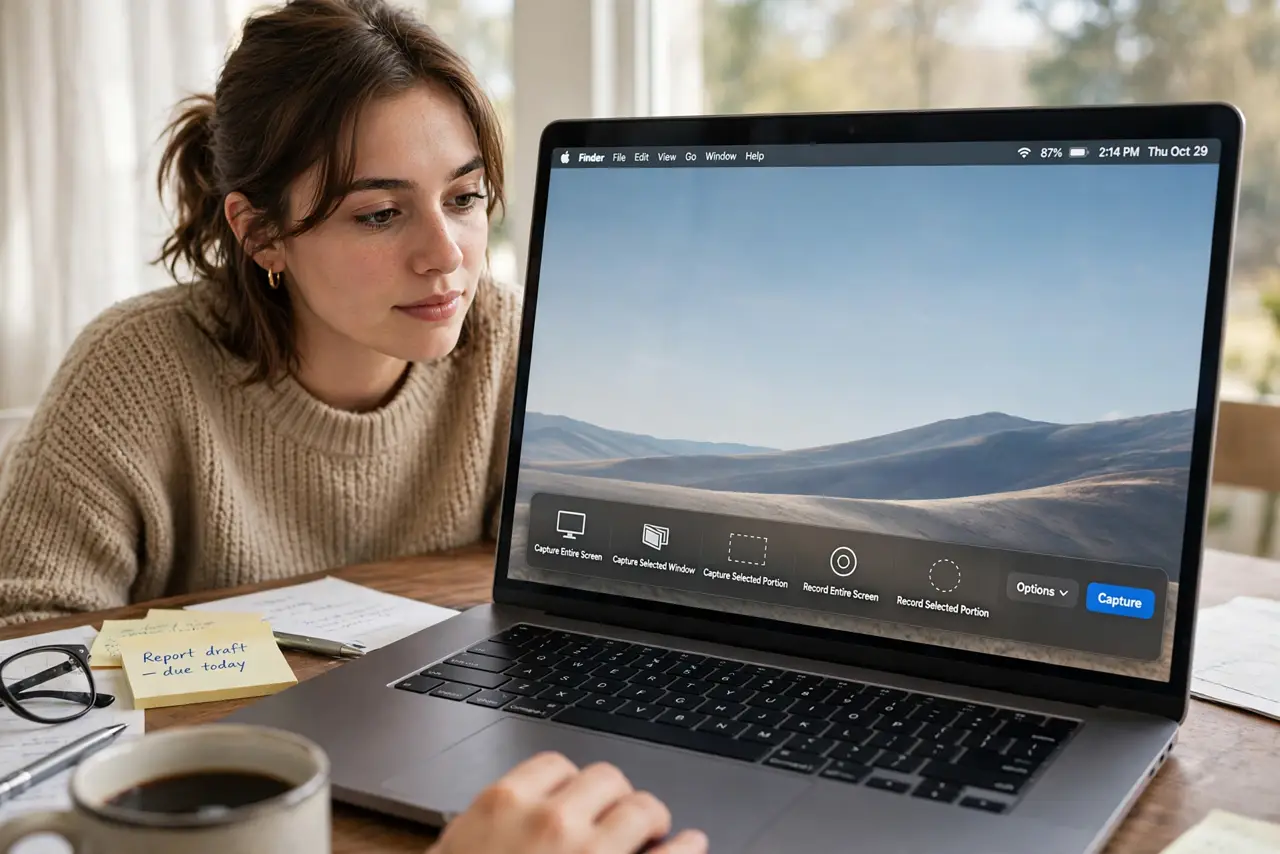 A person calmly performing the guide's first step: Open the Screenshot toolbar.