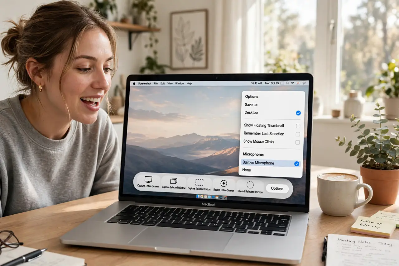 a person using a real MacBook showing the Screenshot toolbar with the Microphone dropdown open and a mic selected, the person speaking toward the laptop, bright home office. No bla.
