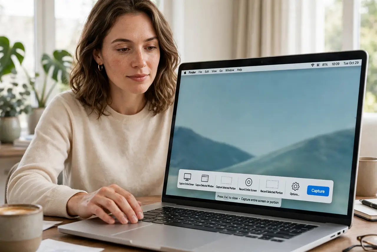 A person calmly performing the guide's first step: Open the screenshot toolbar.