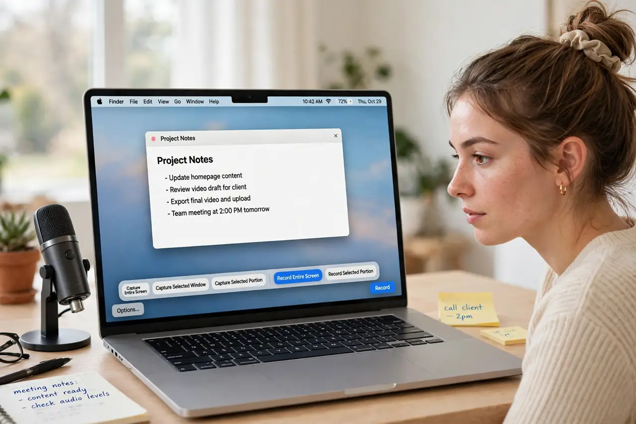 a person using a real Mac, the screenshot toolbar open with screen recording selected, a real microphone nearby, the person's face focused, bright desk. No black screen, no blank w.