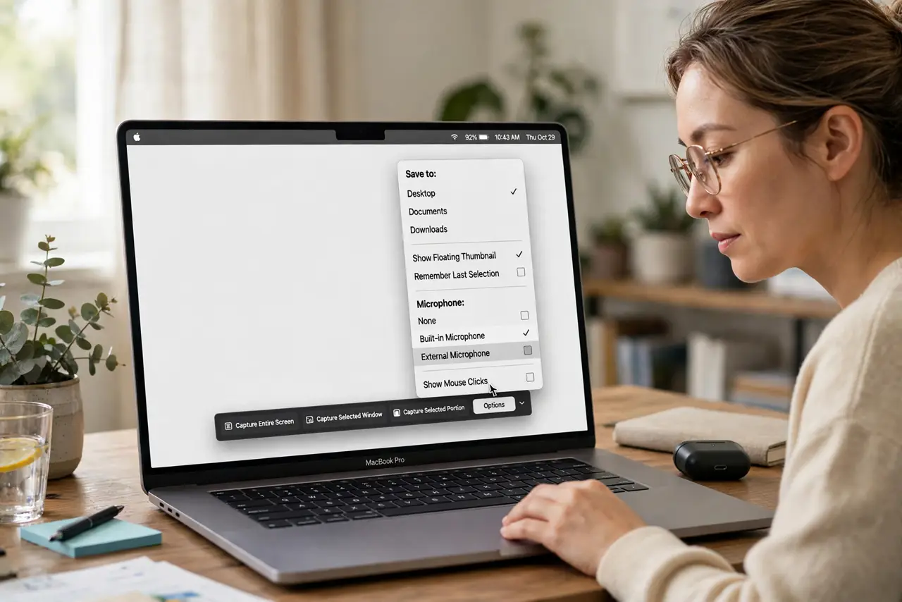 a calm adult recording the screen on a real Mac laptop at a desk, the macOS Screenshot toolbar Options with Microphone clearly visible and legible on the real Mac screen.