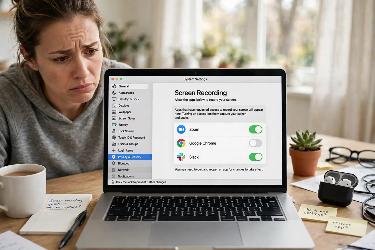 a person at a real MacBook with System Settings open on the Screen Recording privacy pane showing app toggles with legible text, the person's face understand...