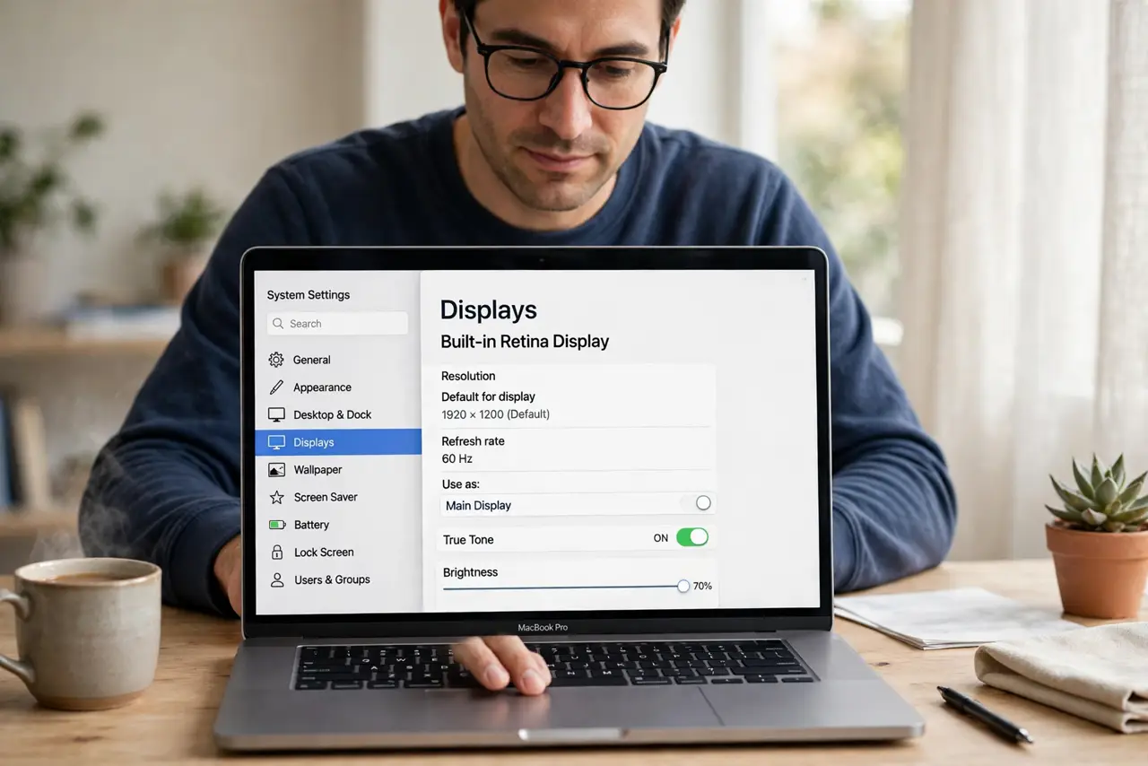 A person performing the first step: Open Displays in System Settings.