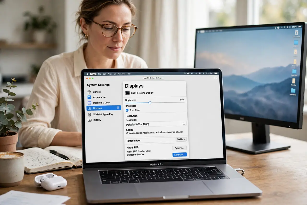 a calm adult at a desk with a real Mac laptop and a real external display, the macOS Displays settings screen clearly visible and legible on the real Mac screen.