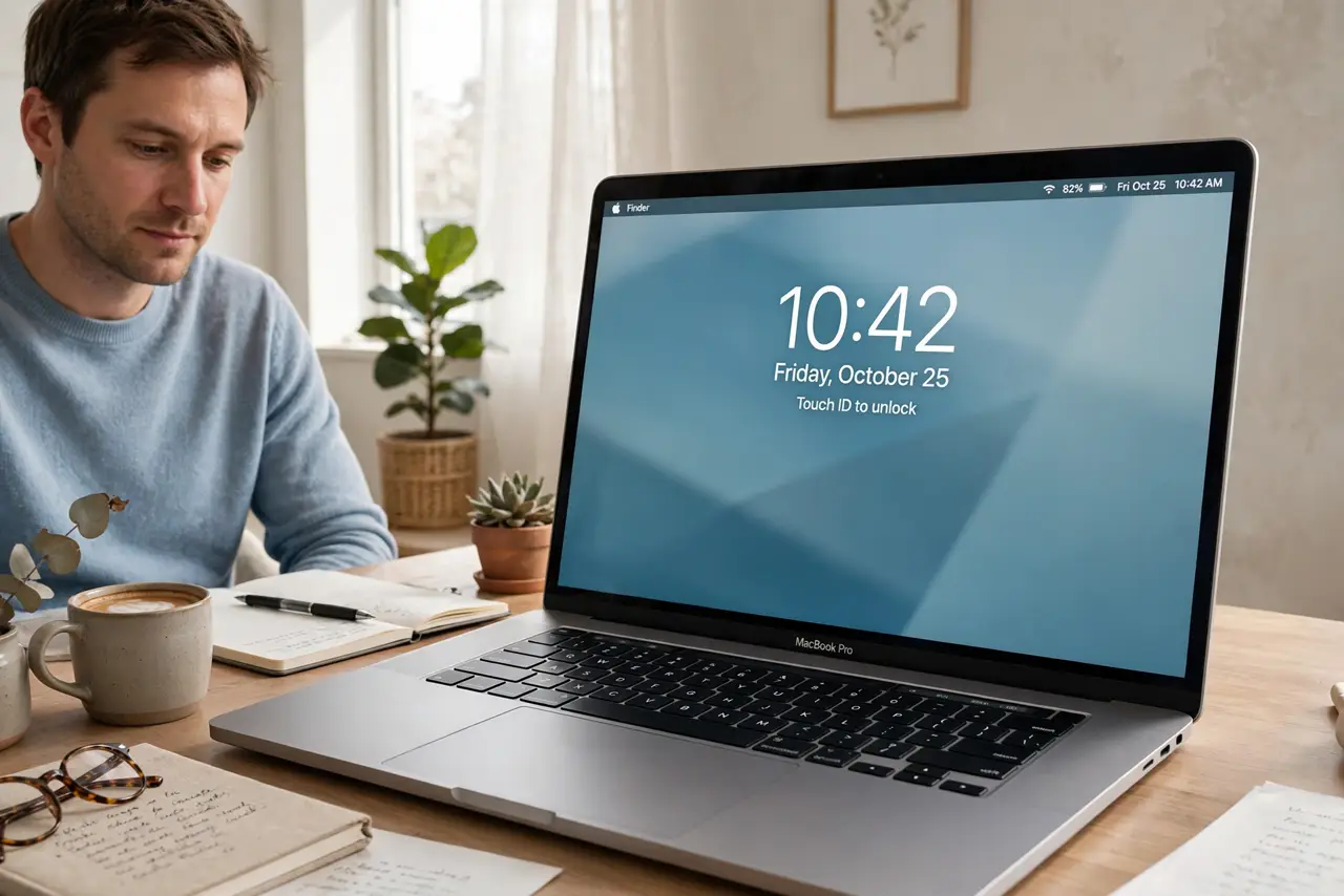 a calm adult stepping away from a real Mac laptop on a desk, a screen saver visible on the real screen complete and legible, the room calm and quiet.