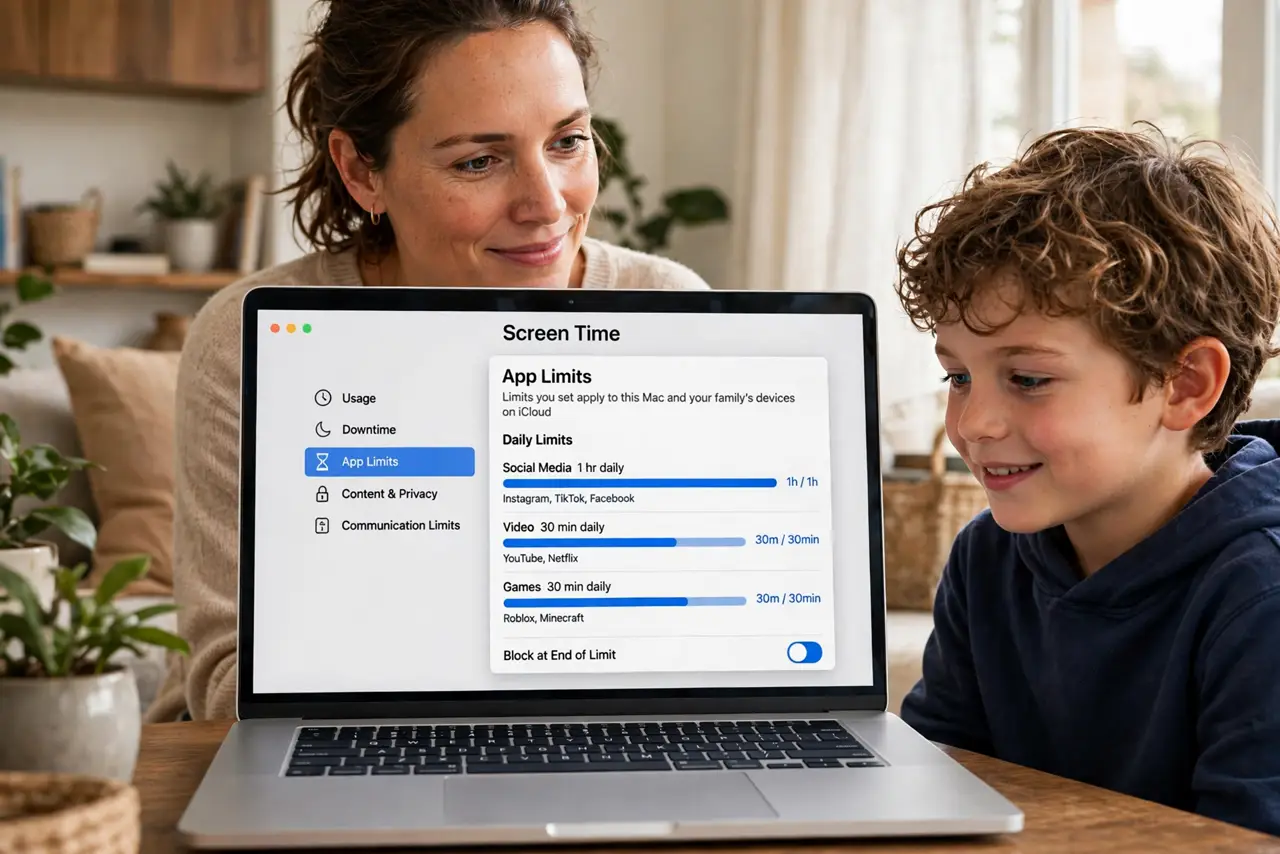 A parent and child looking together at a MacBook screen showing Screen Time settings with app limit bars legible, the