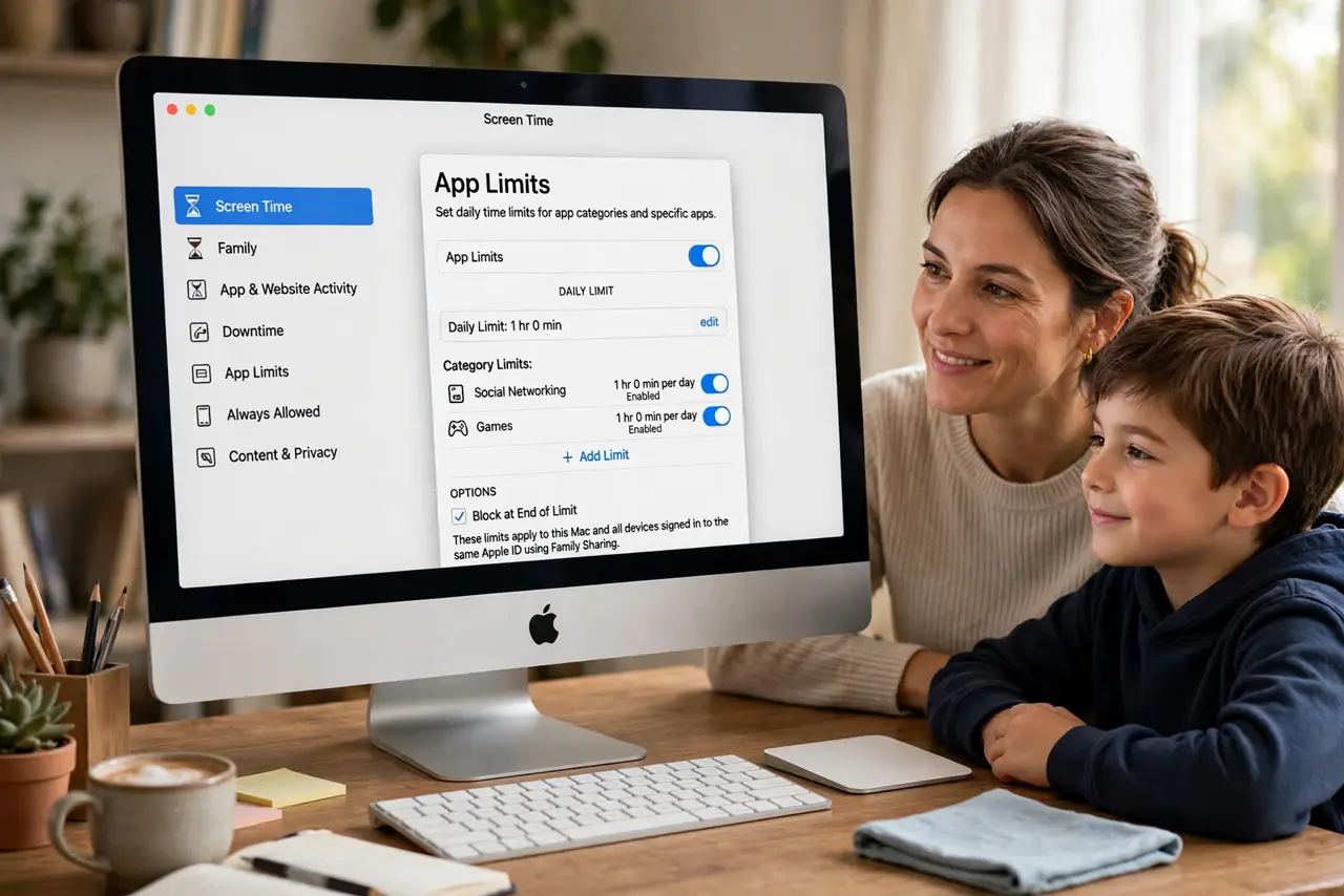 a parent and child at a real Mac showing the Screen Time settings window with legible limit options, both faces relaxed, home desk setting.