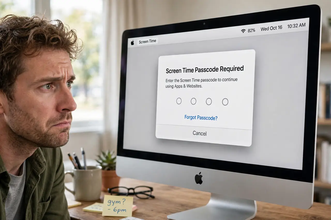 Forgot Your Mac Screen Time Passcode — a sheepish adult looking at a Mac Screen Time passcode prompt with fully legible text, the person trying to re