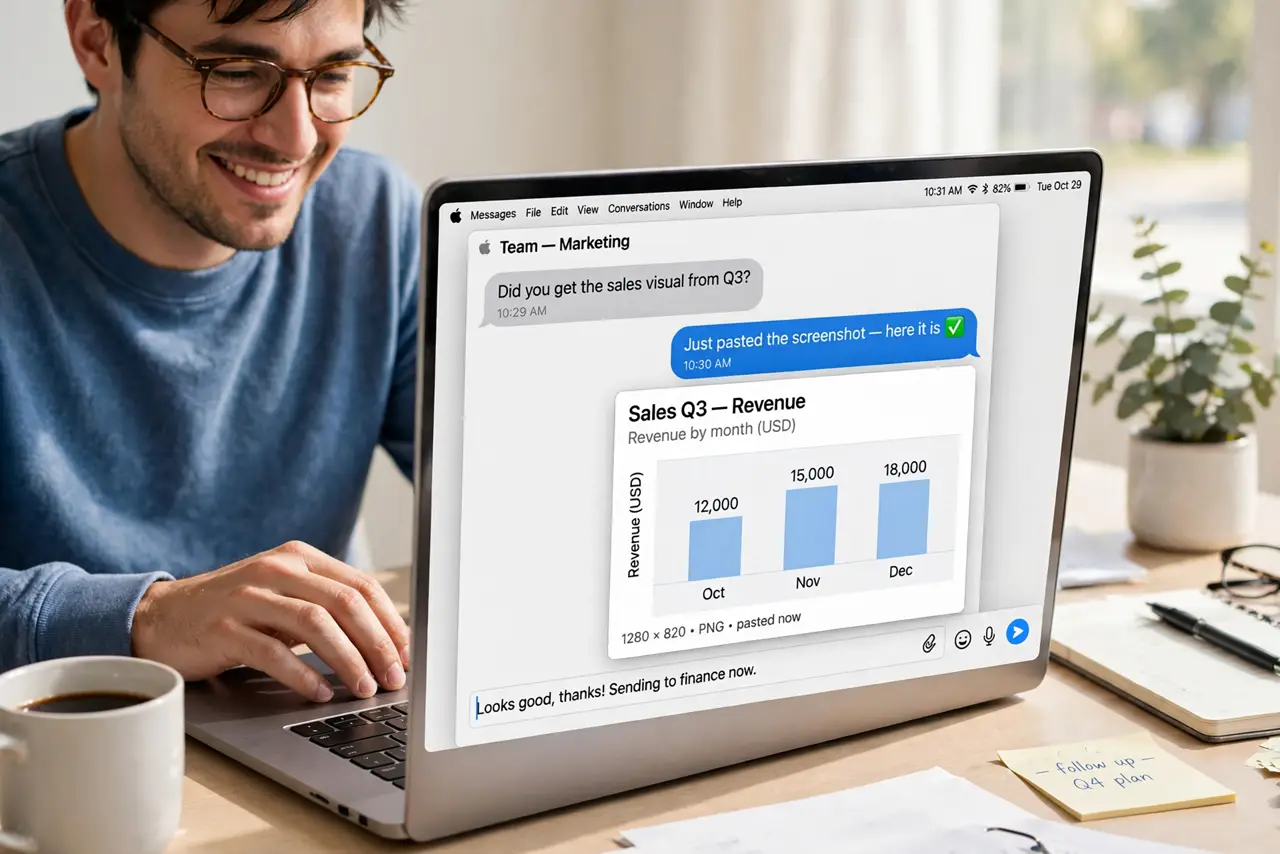 a person using a real Mac, fingers on the keyboard taking a screenshot, a chat window open showing a just-pasted screenshot, the person's face pleased, bright desk. No black screen.