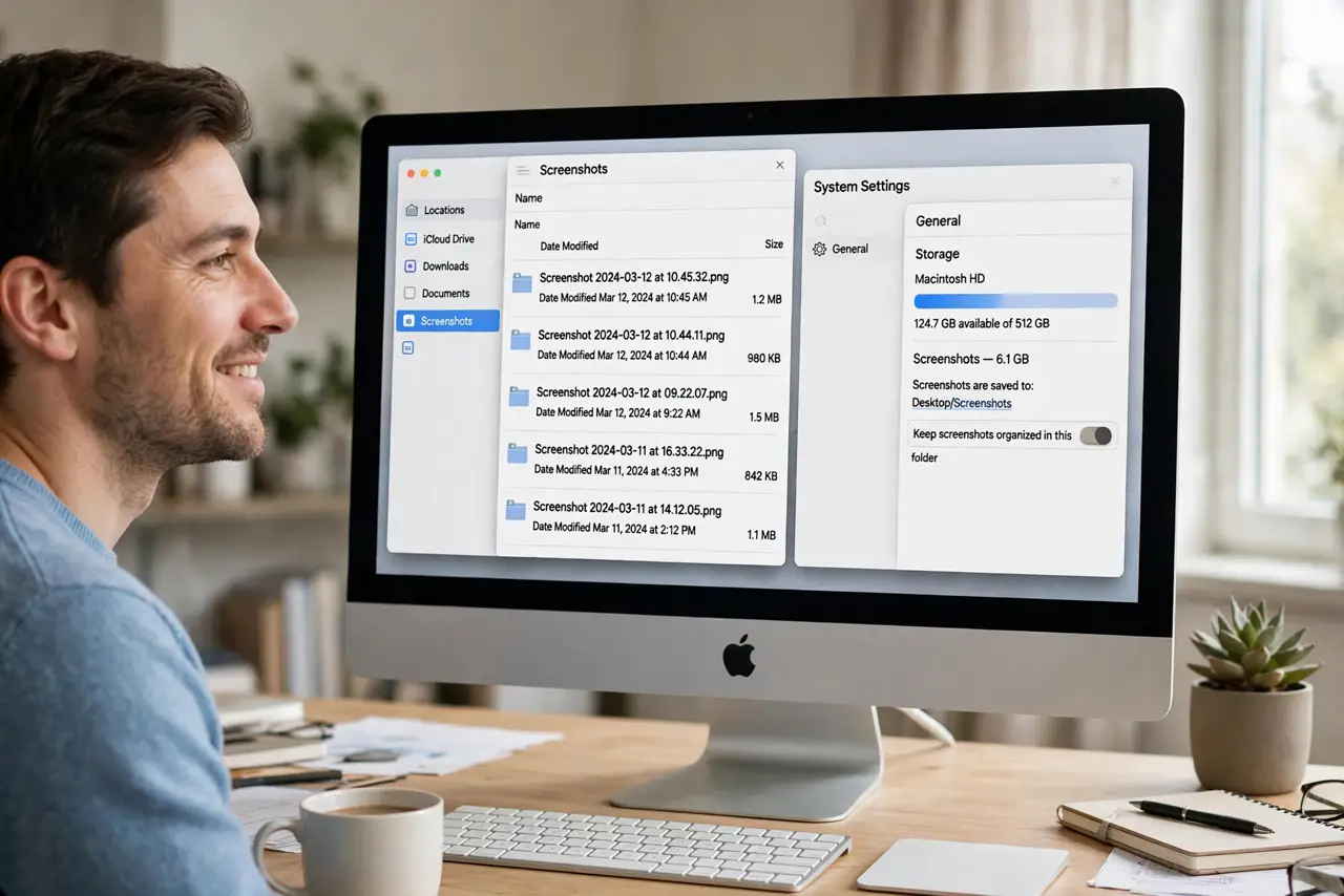 a person at a real Mac, the screen showing a folder of screenshots with legible file sizes next to a settings window, the person's face relieved, bright desk.