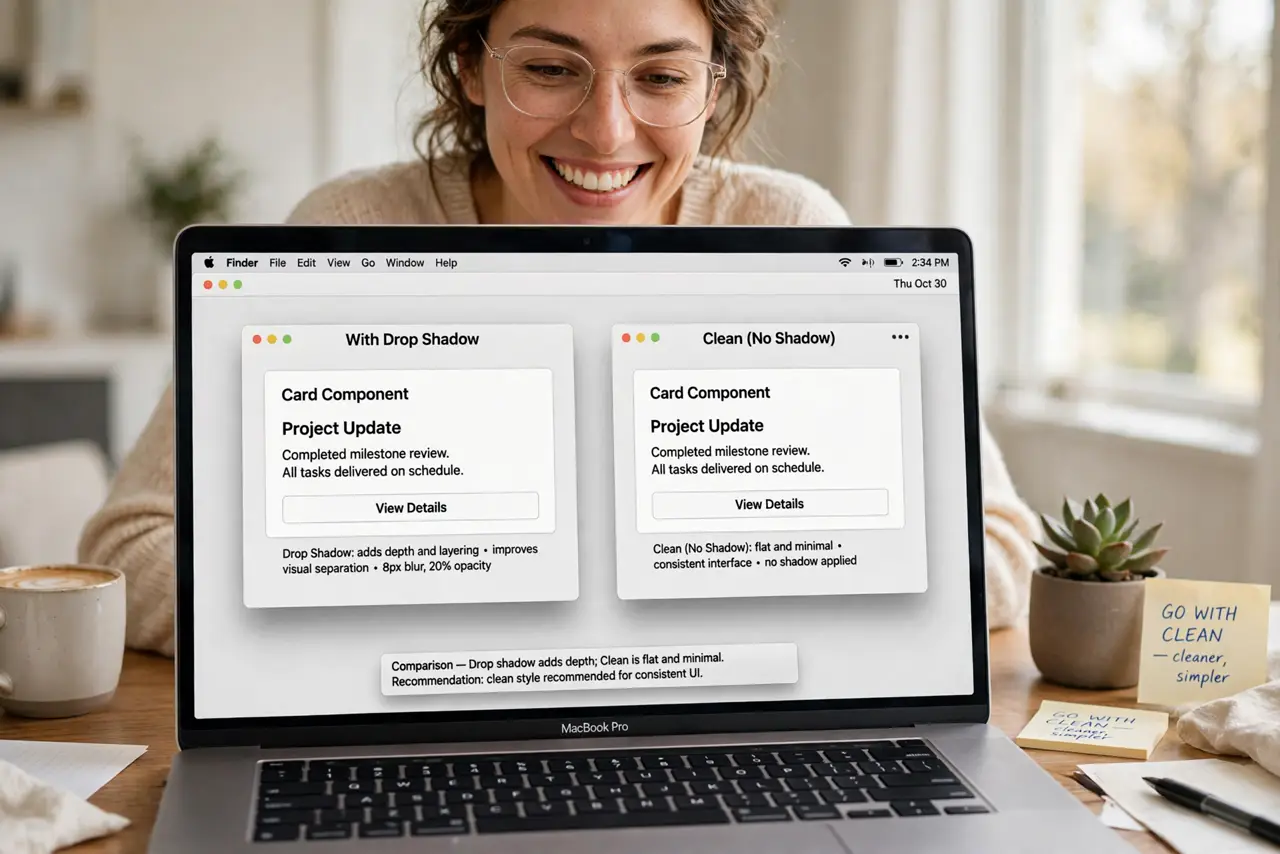 A person comparing two window screenshots on a real MacBook screen — one with a drop shadow, one clean without — fully legible, the person's face approving.