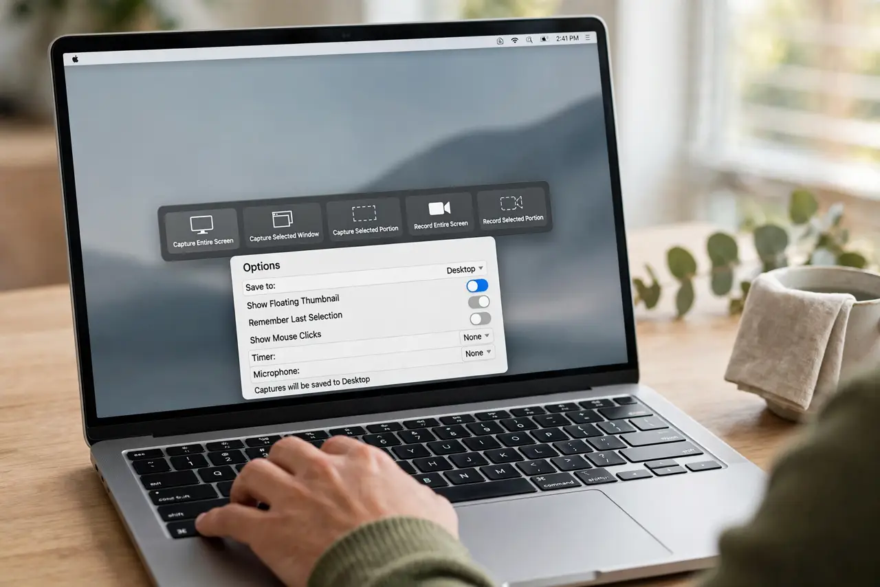 A person carrying out step one: open the toolbar: command-shift-5.