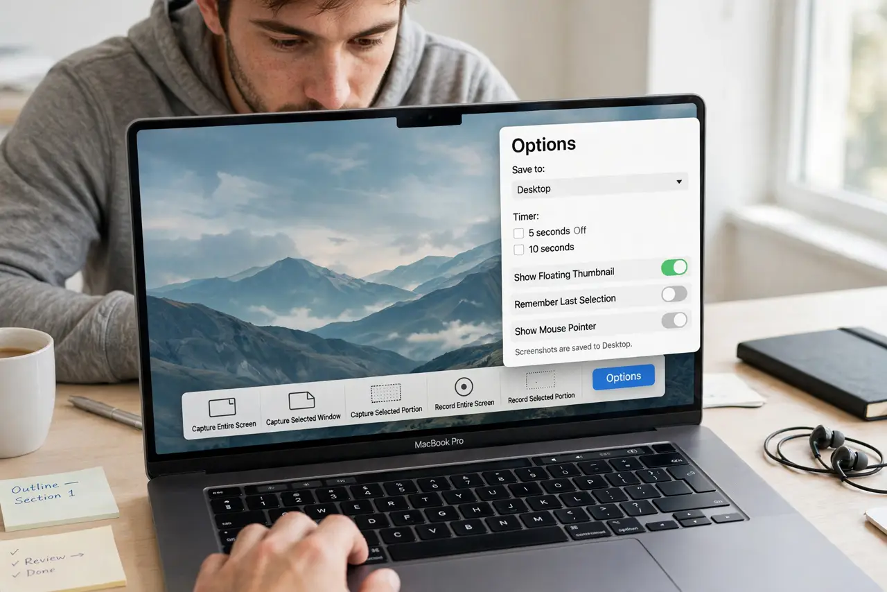 A person pressing keys on a real MacBook while the screen shows the screenshot toolbar with options panel open and legible, the person's face focused, bright…