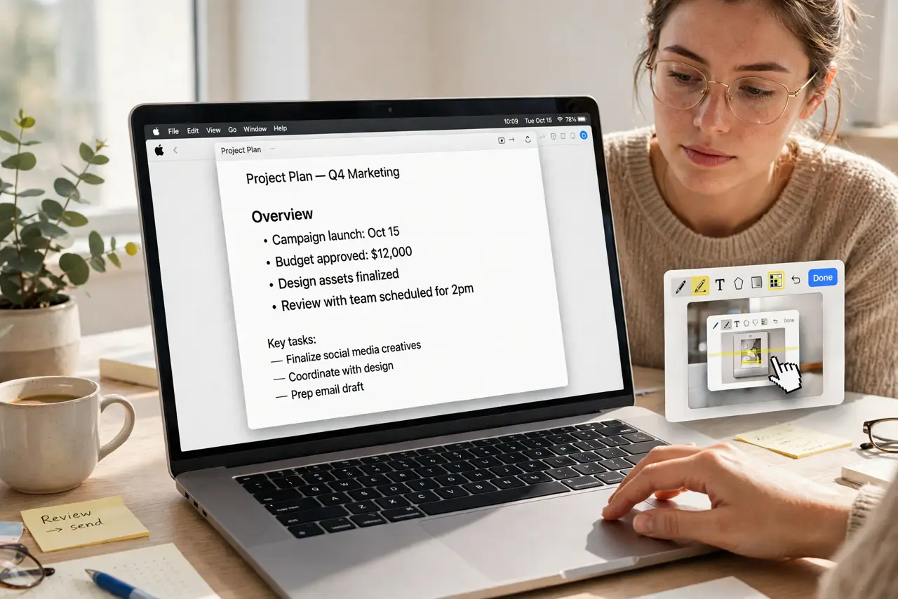 a person using a real MacBook with a screenshot thumbnail floating in the bottom corner, the cursor clicking it, markup tools visible, the person's face enlightened, bright desk. N.