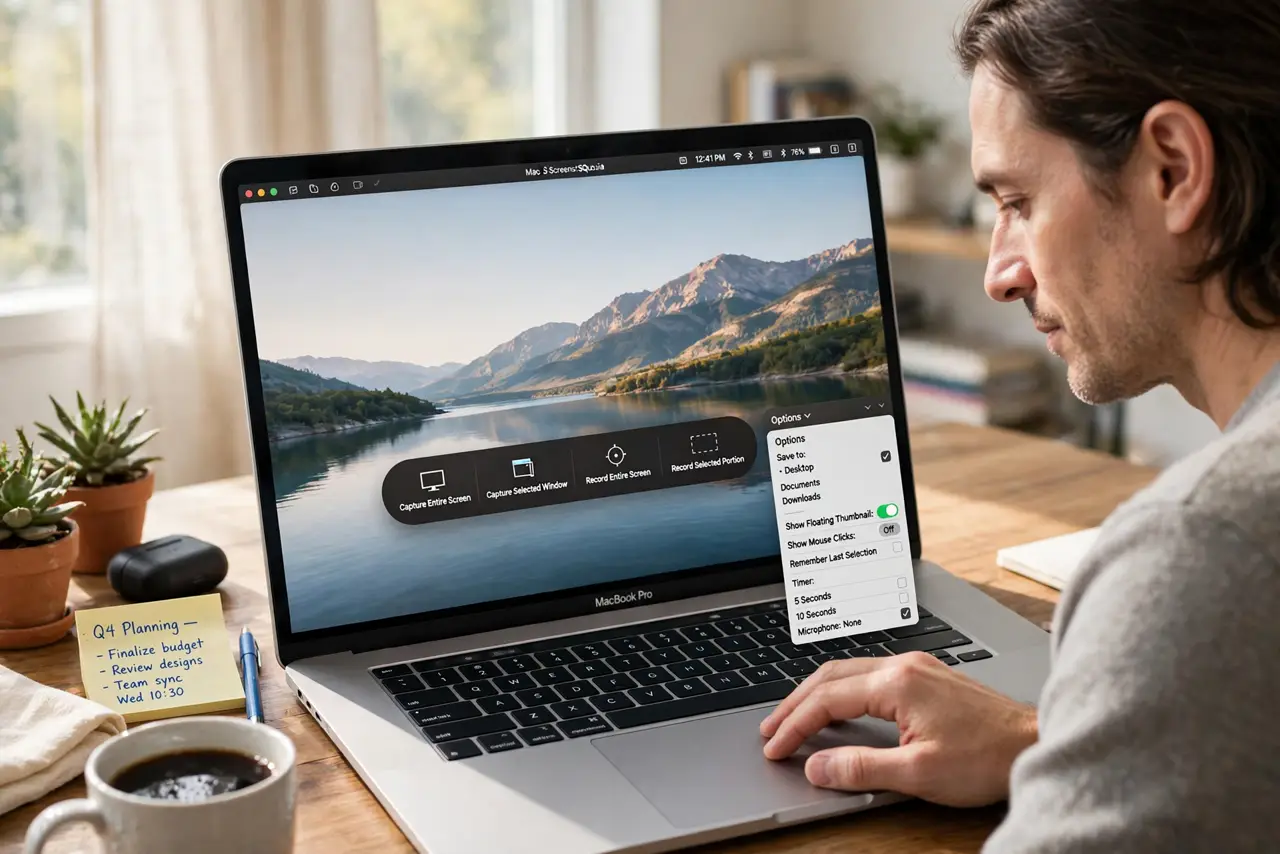 a calm adult taking a screenshot on a real Mac laptop at a desk, the macOS Screenshot toolbar with Options clearly visible and legible on the real Mac screen.