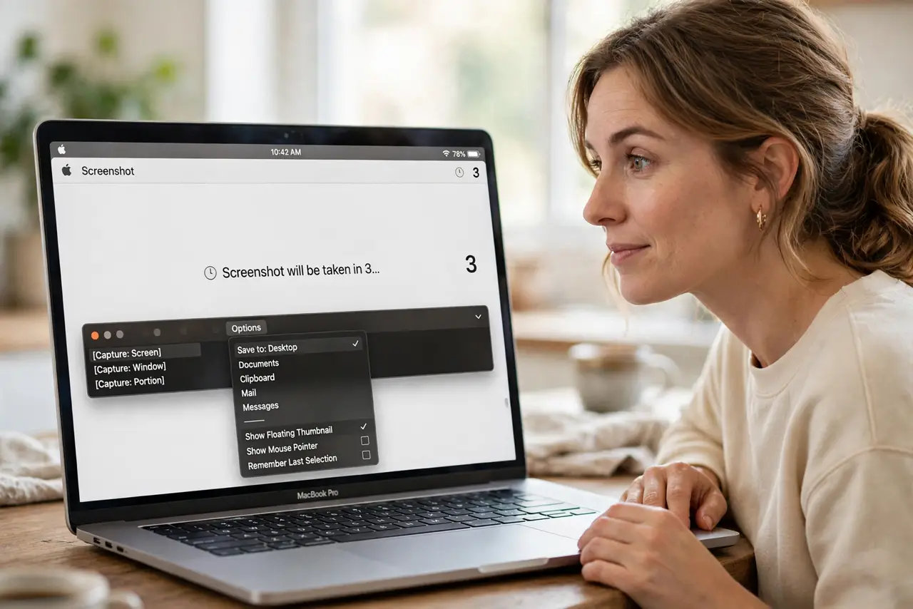 A person with hands off the keyboard watching a real MacBook screen with the Screenshot app timer counting down fully legible, a dropdown menu open on screen, the person's face expectant.