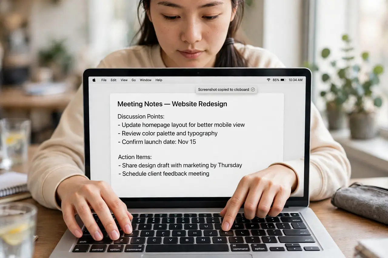 A person performing step 1: Use Control for a one-off clipboard shot.