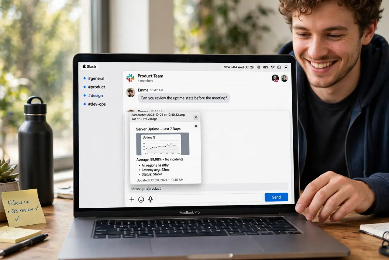 A person pasting a screenshot into a chat window on a real MacBook, the screenshot appearing in the message field fully legible, the person's face pleased.