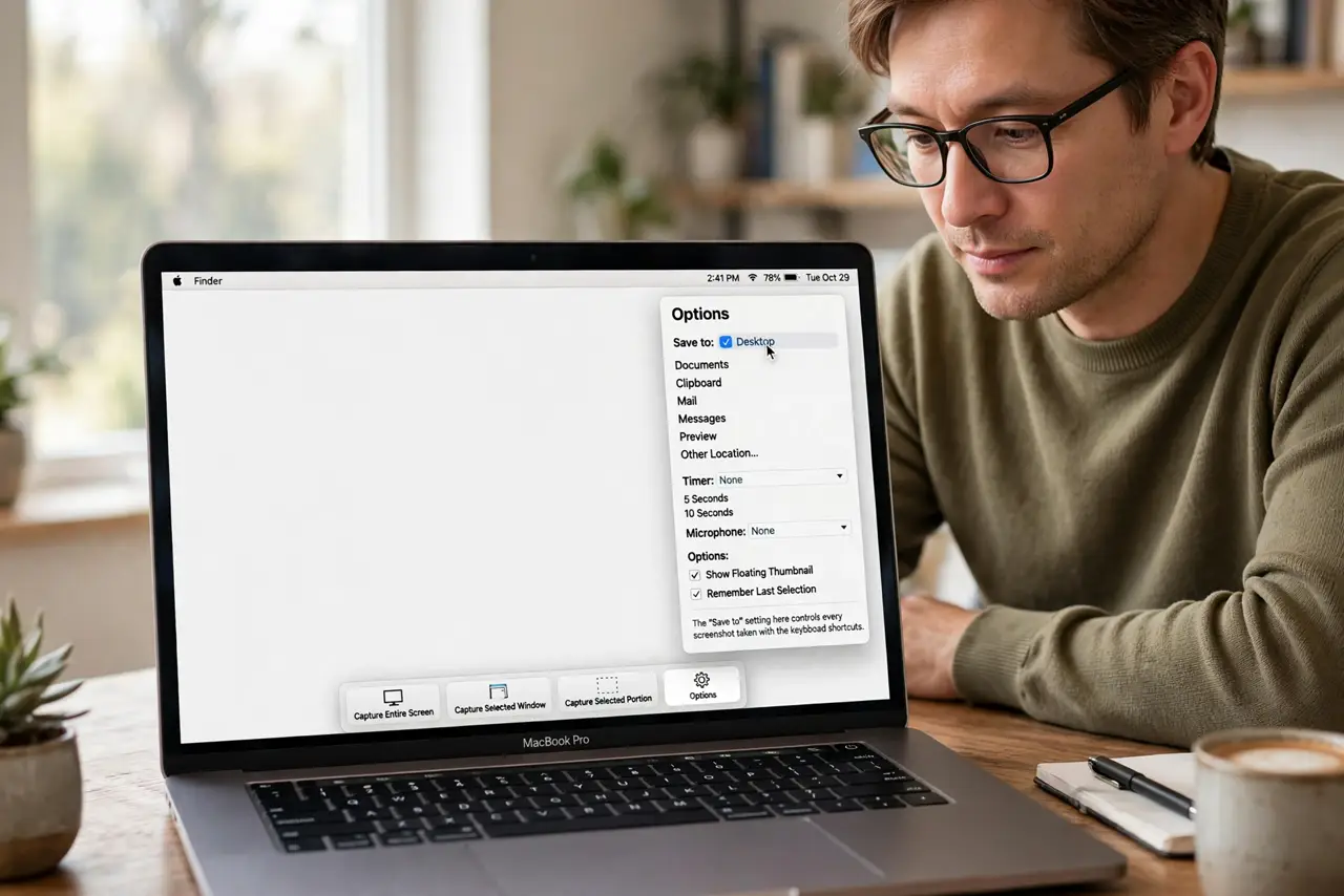 A person performing step 1 of the guide: Open the Screenshot options. Press Shift + Command + 5 to open the Screenshot toolbar, then click Options. The 'Save to' setting here con...