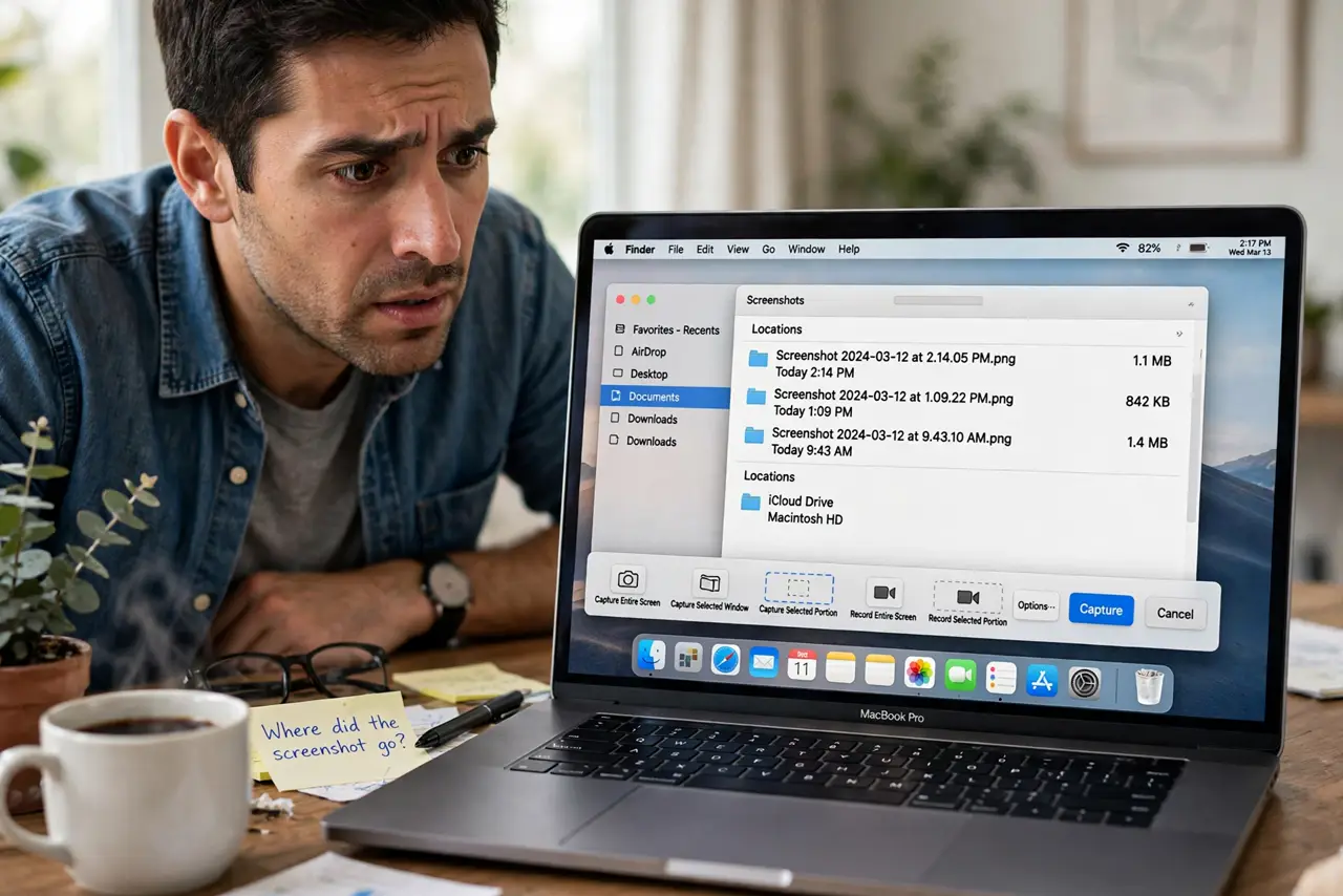 a puzzled adult looking at a real Mac with the Screenshot app toolbar open showing fully legible options, searching for a recent screenshot.