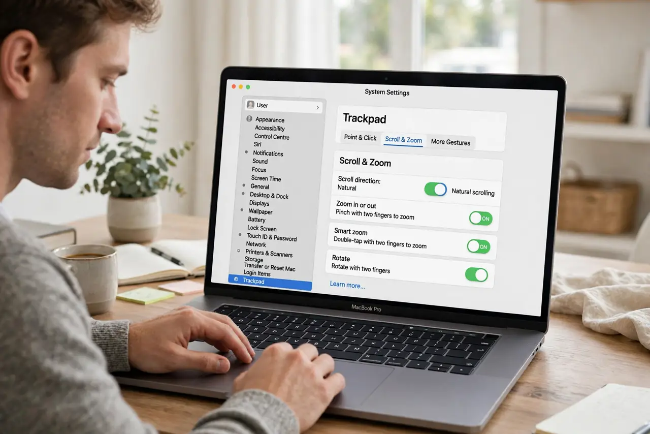 Photoreal photo of a person performing the first step: Open the scroll settings. Go to System Settings > Trackpad (or Mouse) > Scroll & Zoom, and f...
