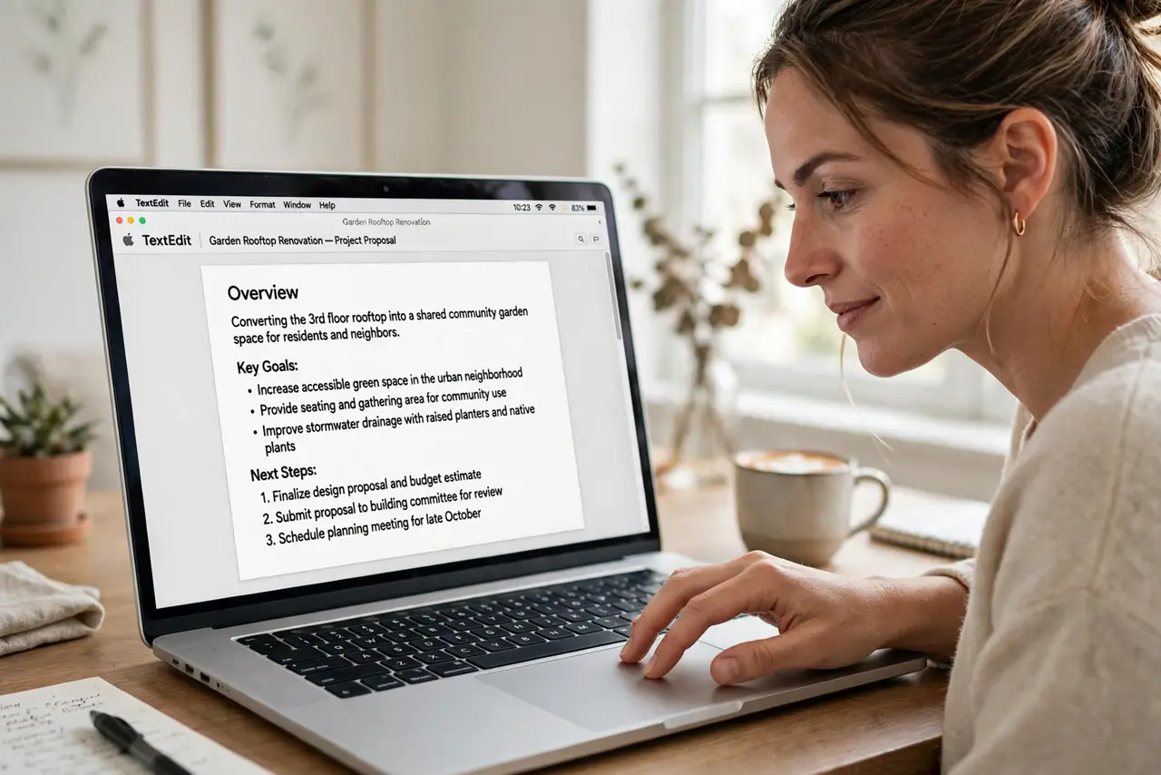 Photoreal photo: a person scrolling on a real Mac trackpad with two fingers, a real Mac screen showing a document mid-scroll with legible text, the person's face slightly puzzled then understanding, bright home off...