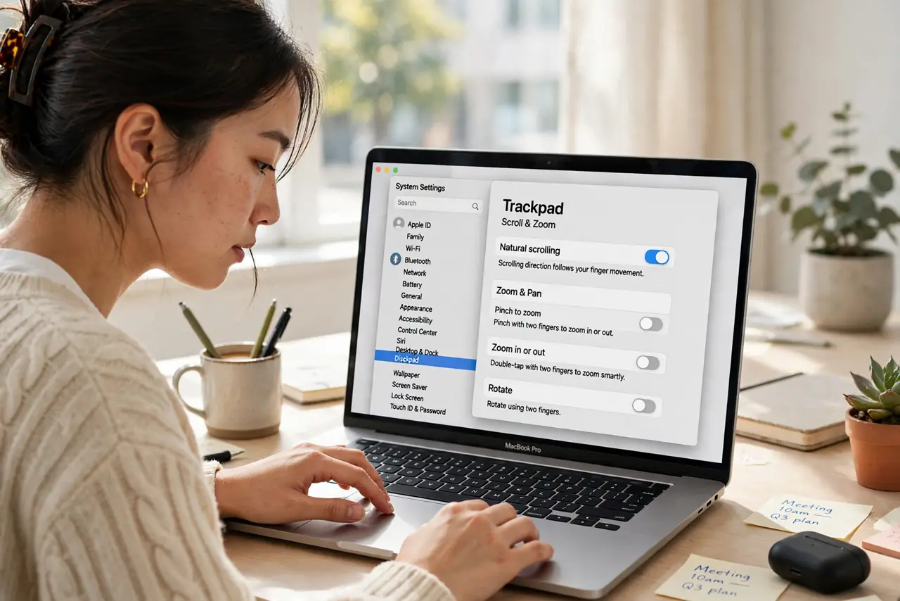 a person scrolling on a real Mac trackpad, the Trackpad settings open showing scroll direction options, the person's face focused, bright desk. No black screen, no blank white scre.