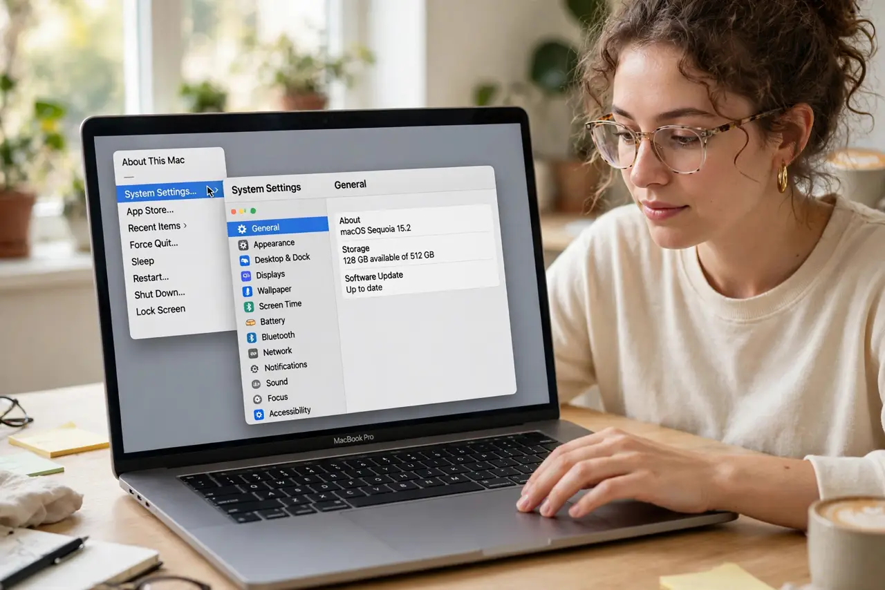 A person performing the first step: Open System Settings. Click the Apple menu and choose System Settings. This is home.