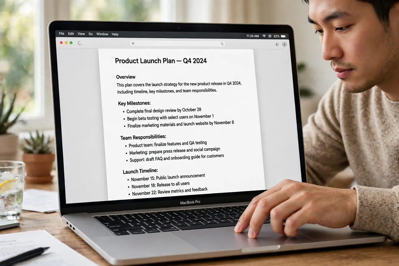 A person scrolling on a MacBook trackpad with two fingers, the laptop screen showing a long document with legible text