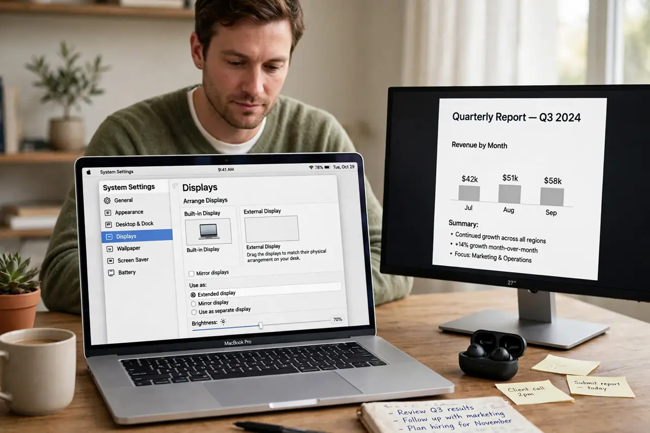 a calm adult at a desk with a real Mac laptop and a real second display showing different content, the macOS Displays arrangement screen clearly visible and legible on the real Mac screen.