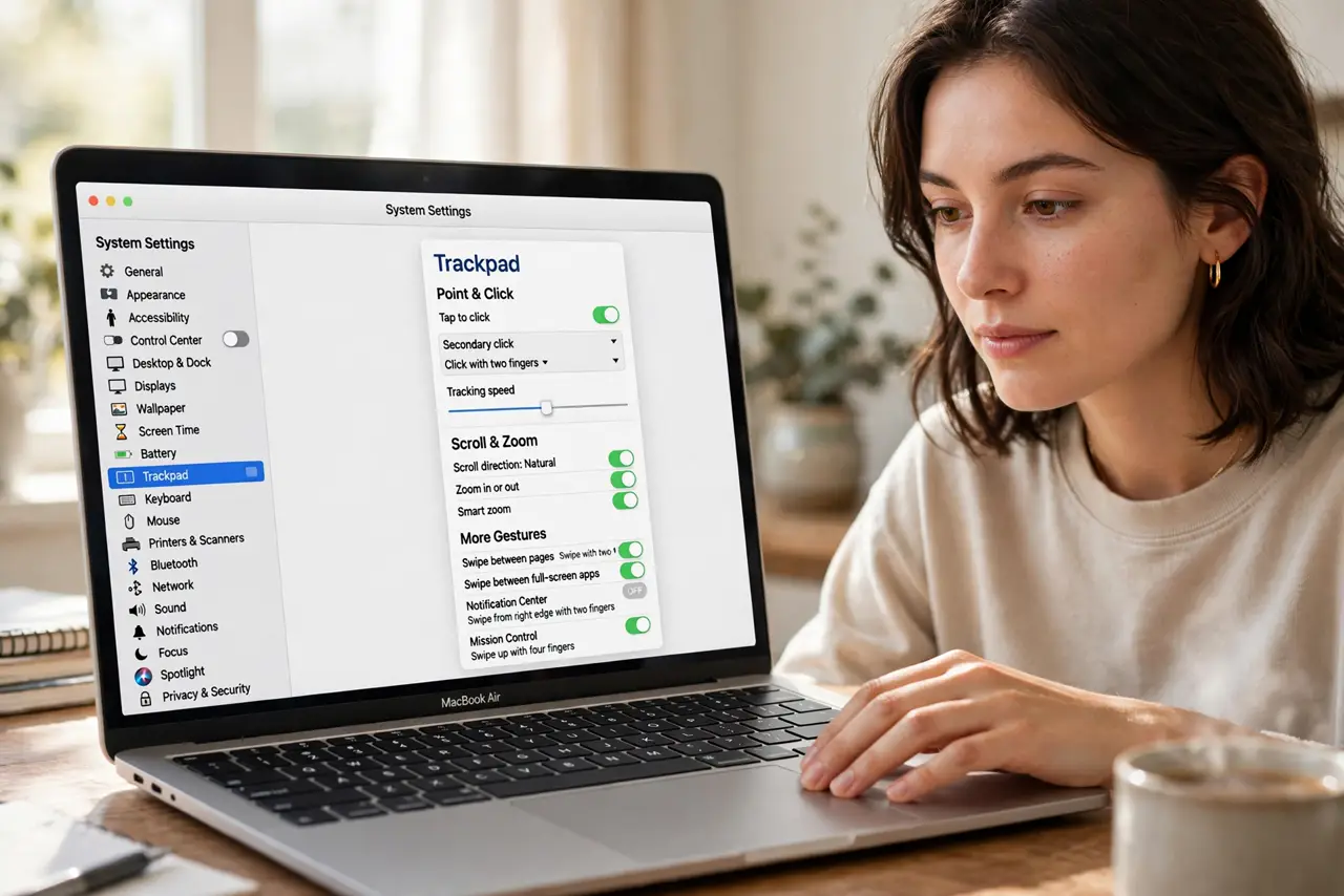 A person calmly performing the guide's first step: Open Trackpad settings.