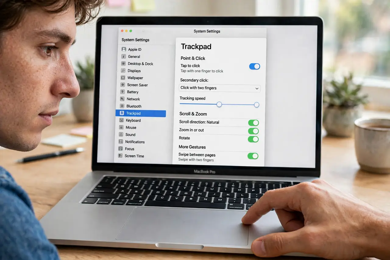 a person's thumb clicking the bottom-right corner of a real Mac trackpad, the Trackpad settings open on screen, the person's face focused, bright desk. No black screen, no blank wh.